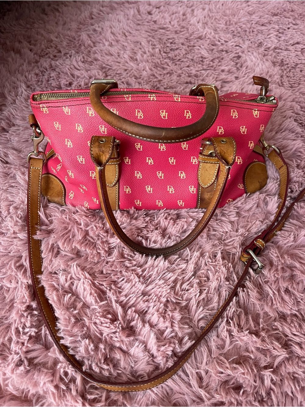 Dooney & Bourke Pink Logo Crossbody Satchel with Brown Leather Trim